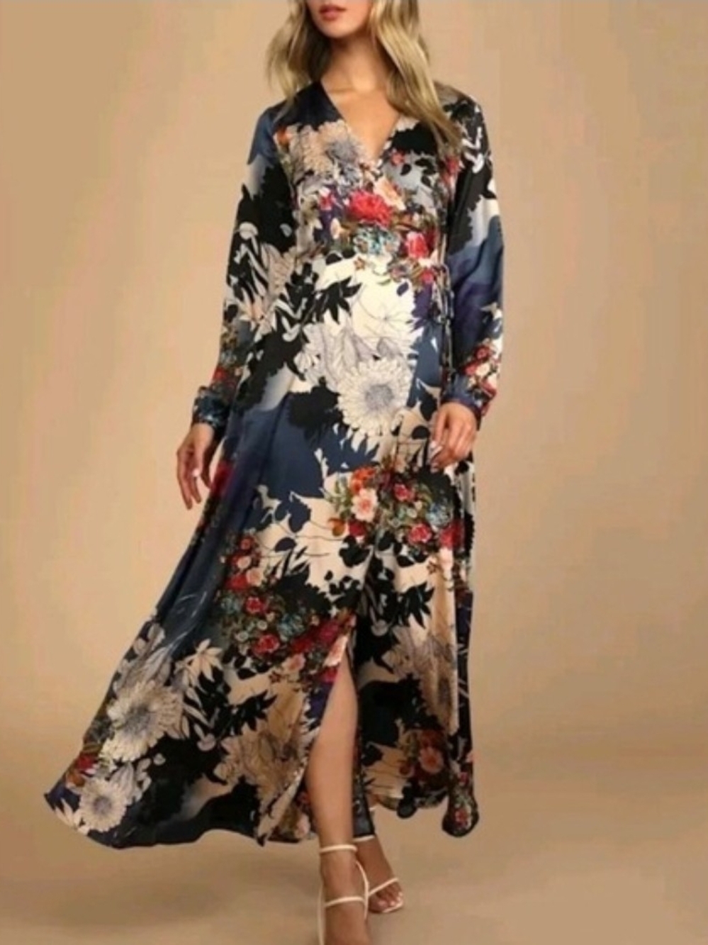 Lulu's Navy Floral V-Neck Maxi Dress with Red Accents